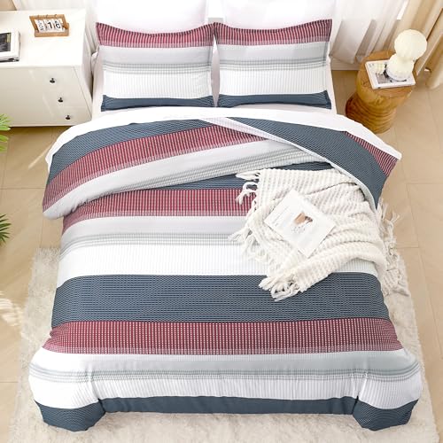 Litanika Comforter Set California King Size Red Blue - 3 Pieces Lightweight Colorblock Stripe Fluffy Bedding Comforter Sets, All Season Bed Set