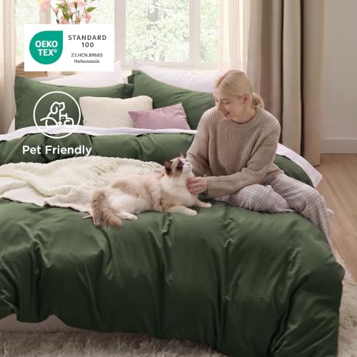 Image of Bedsure Prewashed Duvet Cover Full, Cotton-Like Bedding Set, Olive Green | Ultra Soft, Relaxed Texture, 80 inchx90 inch Breathable Comfort, Hidden Zipper, 8 Corner Ties, Easy Care, OEKO-TEX, Year-Round Use