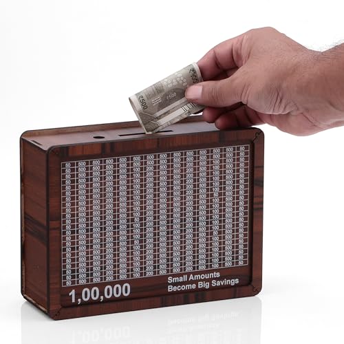 Image of Wooden Money Box with Savings Tracker | 1 Lakh Goal Piggy Bank for Kids & Adults | Cash Collection Bank with Savings Chart | 100000 Gullak for Financial Savings Habit