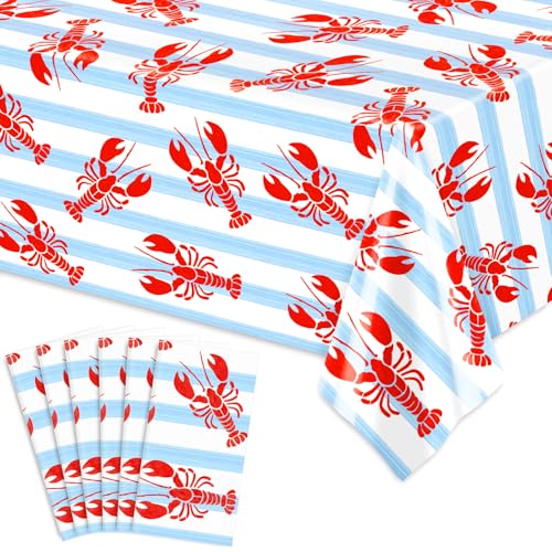 AnyDesign 6 Pcs Crawfish Tablecloth Summer Crayfish Stripe Plastic Table Cover Blue Red Rectangle Lobster Disposable Table Cloth Decoration for Seafood Boil Dinner Birthday Party Supplies 54 x 108 In