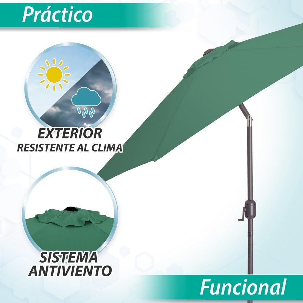 Parasol de jardín inclinable de 300cm con mástil de aluminio de 38mm | Sombrilla con antiviento y manivela. Mástil resistente con tratamiento anticorrosión. Para jardín o terraza. Altura 250cm