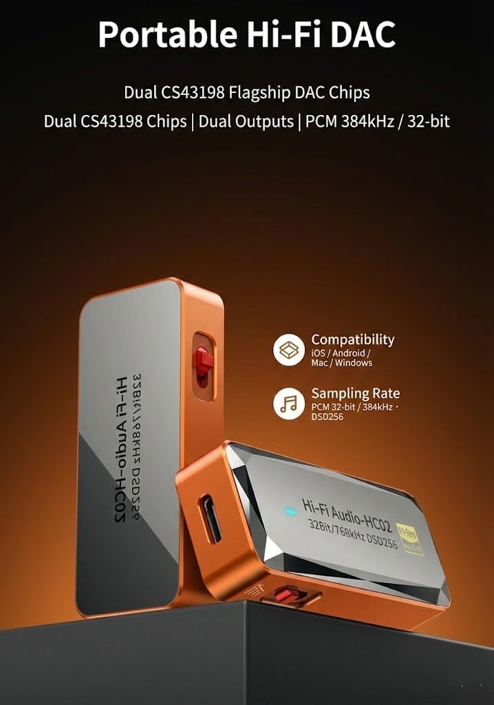 USB C DAC Headphone Amplifier, Dual CS43198 Portable DAC Amp with 4.4mm Balanced & 3.5mm Outputs, Hi-Res 32Bit/768kHz DSD256, Gain Switch, Volume Control for IEMs, Headphones, PC - Orange