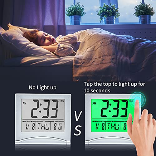 Image of KANBIT Small Digital Travel Alarm Clock Battery Operated, Portable LCD Large Display Alarm Clock with Backlight, Temperature Desk Clock -Silver(Green Light)
