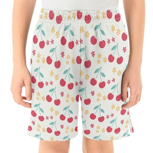 Cute Cherry Pattern Athletic Shorts with Zipper Pockets, Youth Boys Athletic Running Shorts for Summer2
