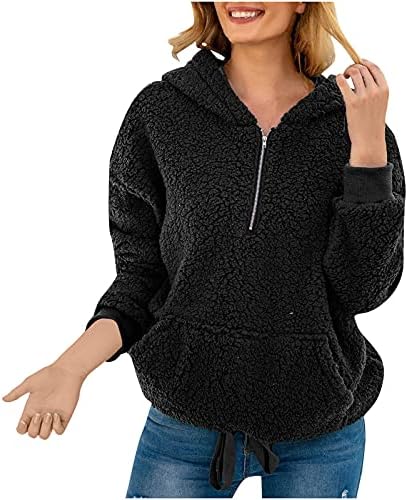 Winter Coats for Women,Fashion Hooded Pocket Pullover Flannel Warm Tops Zip Solid Color Long Sleeve Ladies Casual Sweatshirts Black