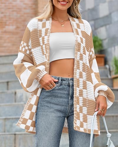 Image of BTFBM Casual Cardigan Sweater for Women Fall 2026 Long Sleeve Open Front Chunky Knit Sweaters Checkered Outwear Coat