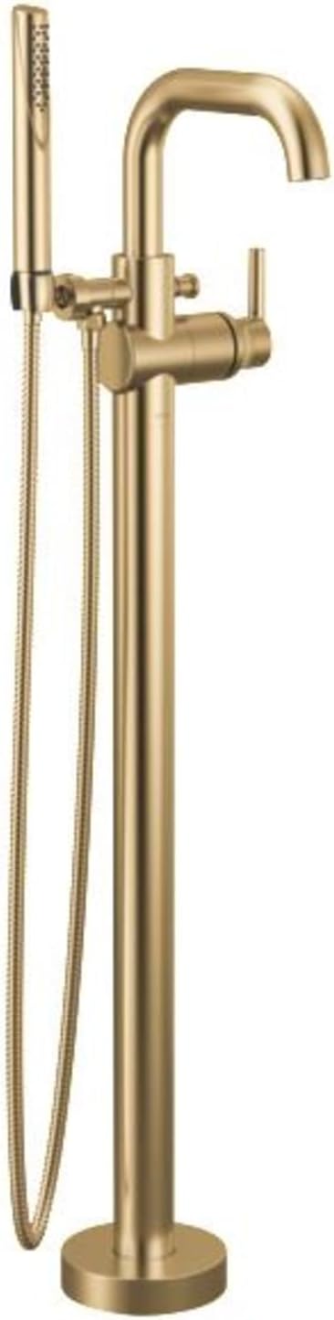 Delta Faucet Trinsic Floor Mount Tub Filler - Freestanding Roman Tub Spout with Handheld Shower - Flexible Shower Hose - Double Check Valves - Champagne Bronze, T4754-PNFL (Rough Sold Separately)