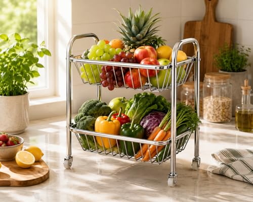 Image of Pigeon Stainless Steel Kitchen Trolley with Wheels 2-Tier | Multi-Layer Storage Rack for Fruits & Vegetables | Heavy-Duty, Rust-Proof, & Durable | Space-Saving Organizer for Home & Kitchen