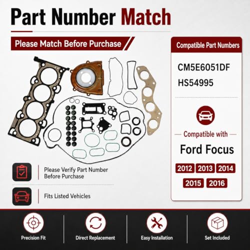 Image of SecosAutoparts Cylinder Head Gasket Set Compatible with Ford Focus 2012-2017 2.0L L4 MLS Head Gasket Kit Replaces CM5E-6051-DF HS54995 with Valve Cover Intake Exhaust Manifold Gaskets