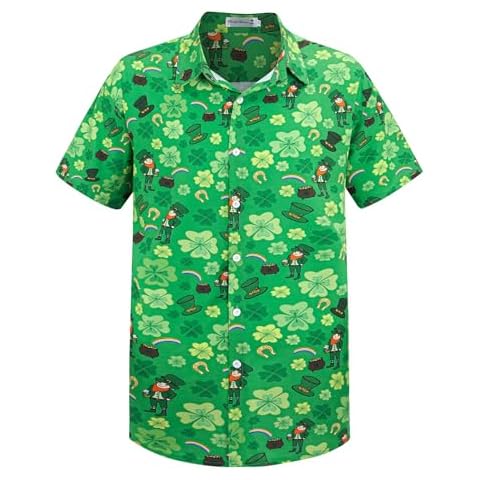 Yoimira St Patricks Day Shirt Men Irish Clover Printed Hawaiian Shirts for Men Casual Button Down Short Sleeve Shirt Cover