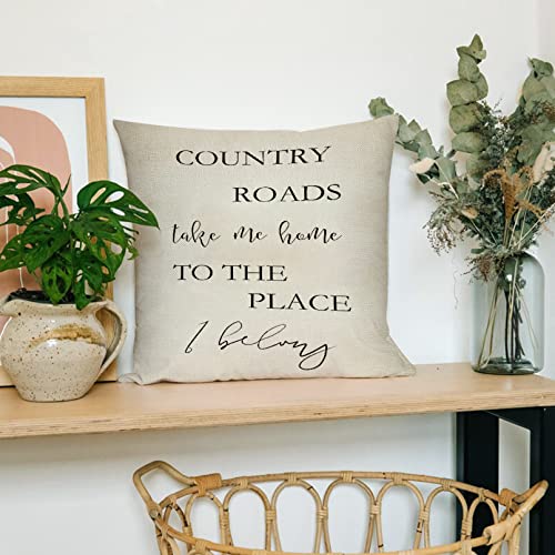 Image of Country Roads Take Me Home Sign Decorative Throw Pillow Cover, Vintage Quote Rustic Home Farmhouse Decorations, Seasonal Housewarming Gift Cushion Case for Sofa Couch Decor Cotton Linen 18 x 18