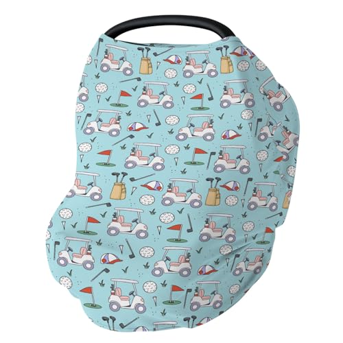 Golf Baby Car Seat Covers Sports Golfing Stretchy 5-in-1 Cover Adjustable Infant Carseat Cover Canopy Golf Clubs Bag Balls Breathable Nursing Cover-Up...