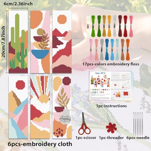 Image of ACRNIGHEET 6PCS Cross Stitch Bookmark Kit for Beginner Boho Abstract Landscape Stamped Cross Stitch Kits for Adults Crossstitch Kits Adult Bookmarks with Instructions Hand Embroidery Craft Gift 11CT