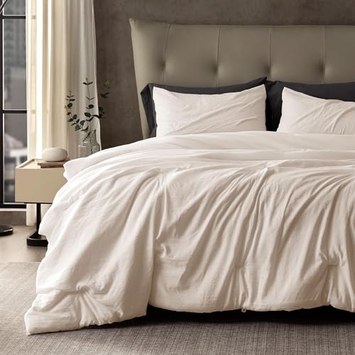 SLEEP ZONE Queen Comforter Set, Duvet Insert with Natural Wrinkle Texture, Cotton-Linen Feel, Lightweight and Breathable Fluffy Bedding Sets with 1 Comforter and 2 Pillow Shams (Beige) - image 1