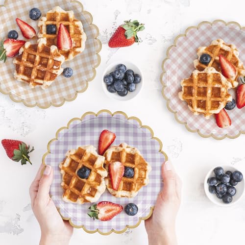 Image of Party Paper Plates, 50-Pack 9-Inch Bulk Disposable Decorative Paper Plates with Gold Scalloped Trim, 6 Assorted Colors for Tea Party, Easter, Garden Party, and Bridal Showers, Gilded Pastel Gingham