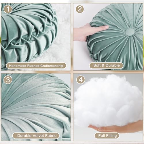 Image of HIG Set of 2 Aqua Ruched Velvet Round Throw Pillows - 14.5'' Decorative Pillows with Soft Polyester Filling for Couch, Bed, Living Room, Bedroom, or Dorm - Handmade, Stress Relieving, All-Season