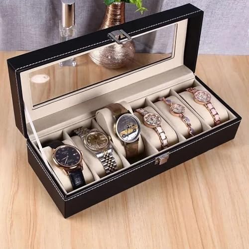 Gowloz 6 Slot Watch Storage Box for Men & Women – Premium PU Leather Organizer with Glass Display Lid, Soft Cushioned Compartments, Lockable Watch Case (30 x 11.2 x 8 cm, Black)