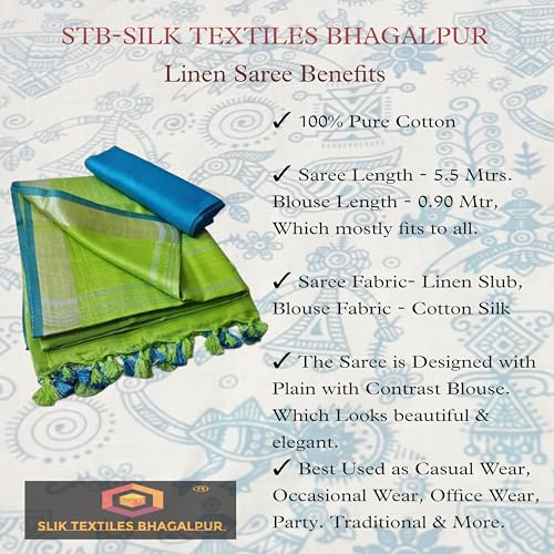 Image of STB-SILK TEXTILES BHAGALPUR Women's Linen Slub Saree With Contrast Blouse Piece