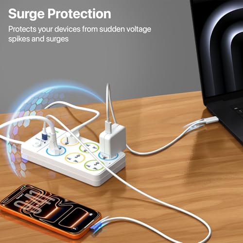 Image of DR VAKU 10in1 2000W Extension Board with 6 Universal Sockets 3 USB A Ports (18W), 20W Fast PD Type C Charge 2 Meter Heavy Duty Cord Smart Chip Power Strip for Home Office Travel, 220 Volts- White