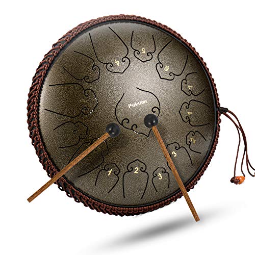 14 Inch 15 Note Steel Tongue Drum Percussion Instrument Lotus Hand Pan Drum with Ultra Wide Range and Drum Mallets Carry Bag