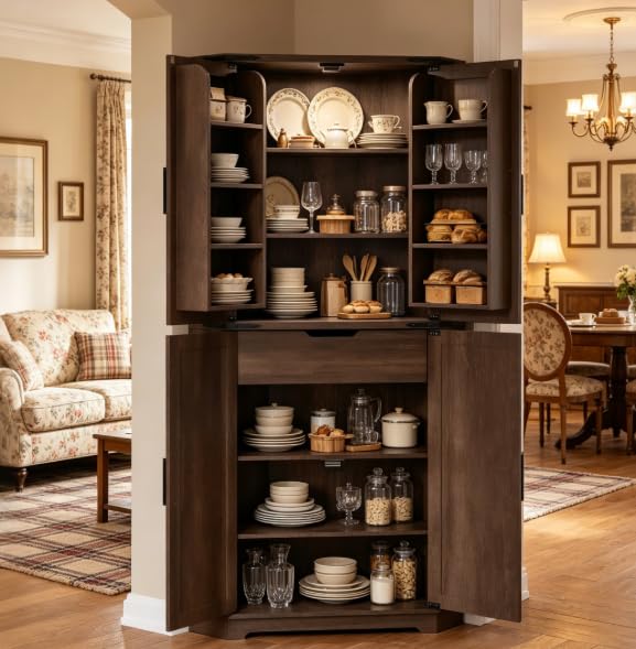 Image of Dripex Tall Kitchen Pantry Cabinet with LED Light, 71 inch Corner Pantry Brown