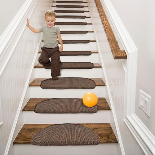 Qingbei Rina 22x65cm Treppenstufen Matten,Stufenmatten Innen 15 stück rutschfest Selbstklebende Halbrunde Treppenpads,Treppenläufer Schutz für Holzstufen Treppenhausboden(Beige und Braun)