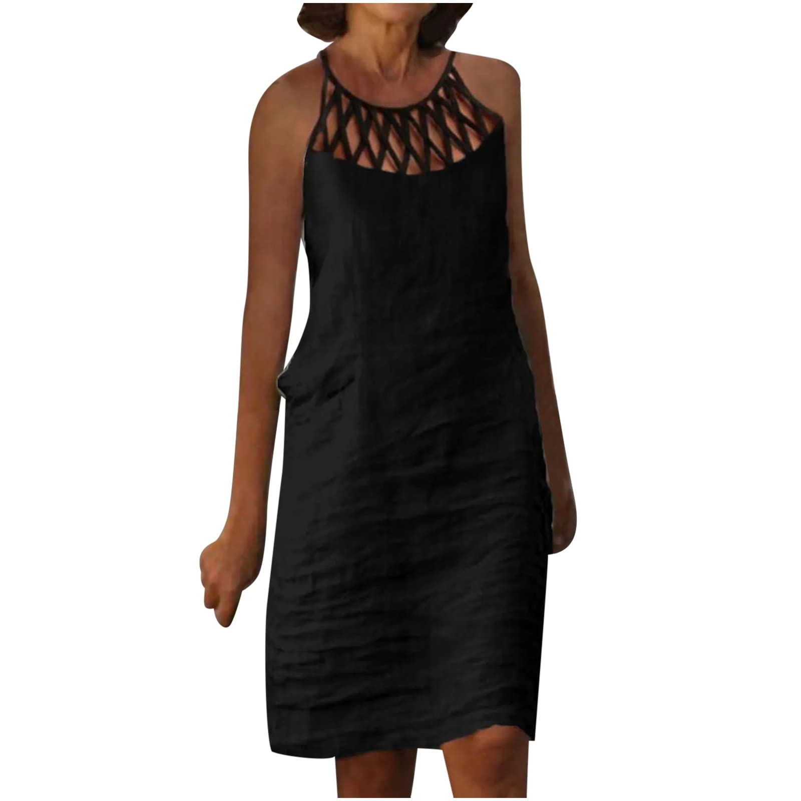 GenericWomen's Summer Casual Halter Dress Cotton Linen Dresses Crochet Hollow Out A-line Plain Simple Beach Shift Sundresses