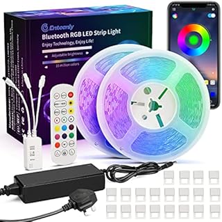 Enteenly LED Strip Lights 32.8ft/10M(2x5M), Bluetooth Music Sync RGB LED Strip Light with App and Remote, 12V UK Plug Stick On LED Lights for Bedroom, Flexible 5050 LED Lighting Strip DIY Decoration