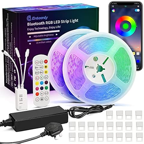 LED Strip Lights 10M(2x5M), Enteenly Bluetooth Music Sync RGB LED Strip Light with App and Remote, 12V UK Plug Stick On LED Lights for Bedroom, Flexible 5050 LED Lighting Strip DIY Decoration Cover