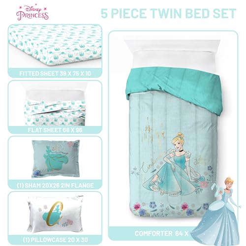 Image of Disney Princess Cinderella Twin Comforter Set 5 Piece Kids Bedding, Blue | Bed in a Bag, Comforter Sheets Sham Pillowcase, Official Product, Soft Microfiber, Machine Washable, Easy Care, Girls Gift