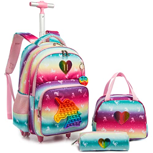 Mochilas Escolares con Ruedas Para Niñas,3PCS Mochila Carro Bolsa del Almuerzo y Estuche de Lápices Bolsos Escolares Para Chicas,17' Maleta Niños con Ruedas de Viaje Juguete de Unicornio para Niñas
