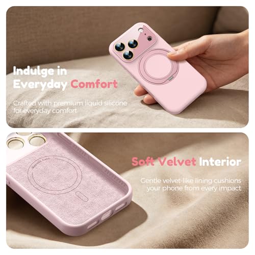 Image of Silicone 360 Spin Magnetic Stand Case for iPhone 17 Pro, [Compatible with Mag-Safe][Reinforced Hard Camera Protection] Liquid Silicone Rubber Phone Case Cover with Ring, Camera Button, Pink