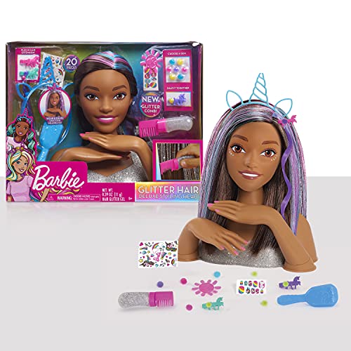 Image of Barbie Deluxe 20-Piece Glitter and Go 12.75-inch Styling Head and Accessories – Brown Hair, Kids Toys for Ages 5 Up by Just Play