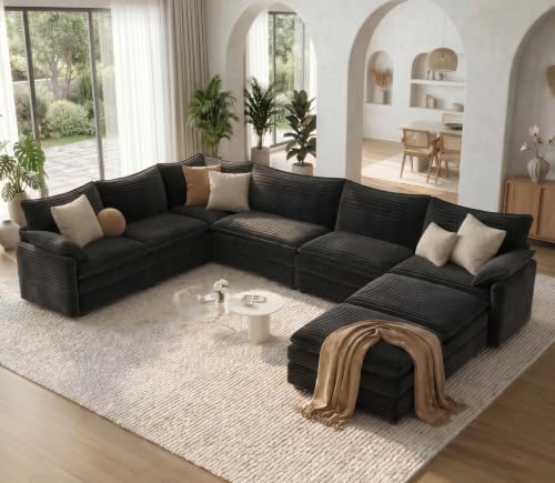 Image of Vesgantti Large Modular Sectional Sofa, Big Comfy Cloud Couch with Ottoman Deep Seat Corduroy Cloud Sofa, 8 Seater Large Sectional Couches for Living Room, Bedroom and Apartment, Black