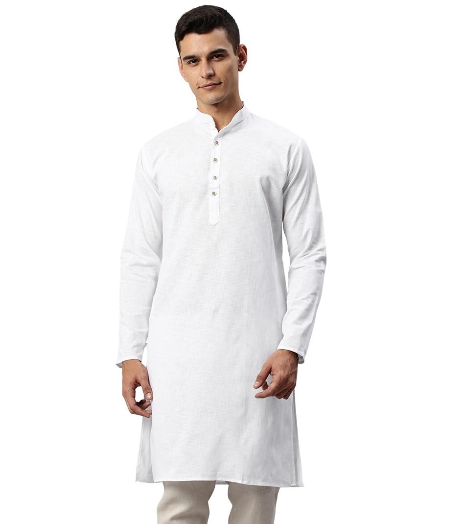Men's Cotton Regular Fit Casual Mandarin Collar Ethnic Motifs Solid Long Kurta
