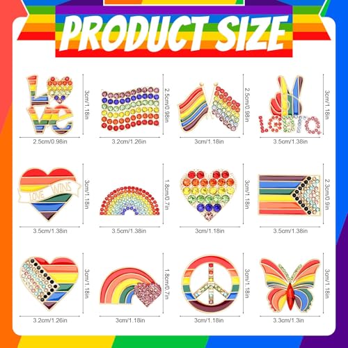 Image of 12PCS Rainbow Brooches Rhinestone Crystal Gay Pride Progress Brooches Badge LGBT Heart Flag Lapel Pins Gift for Clothes Backpack Jewelry Hat Decoration Pride Month Activities Accessories
