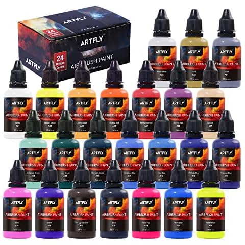 ARTFLY Airbrush Paint,24 Colors Airbrush Paint Set Include Metallic and Neon Colors, Opaque & Water Based Acrylic Airbrush Paint, Leather & Shoe Airbrush Paint Kit for Artists, Beginners, and Students Cover