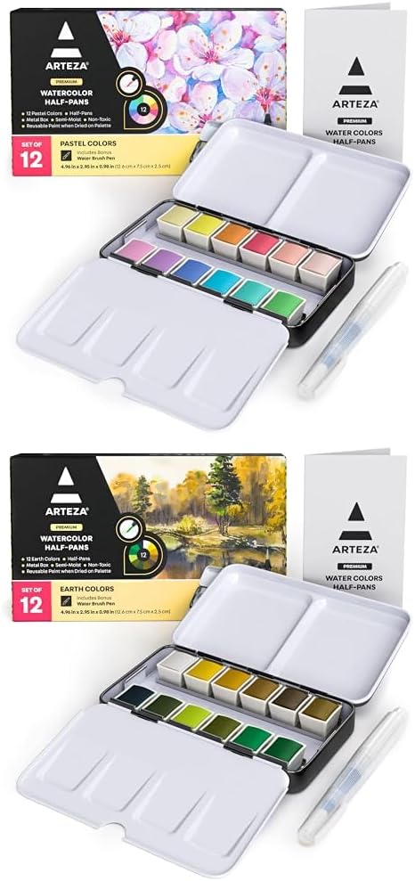 ARTEZA Pastel Watercolor Paint Set of 12 with Water Brush and Watercolor Paint Set with Water Brush 12 Watercolor Half Pans in Earth Tones
