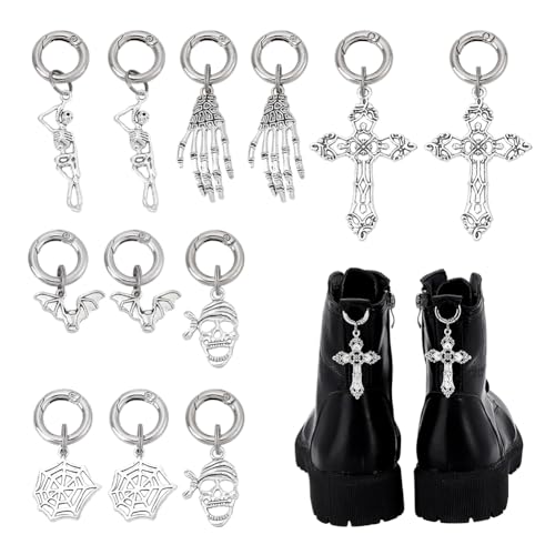 HOBBIESAY 12Pcs 6 Styles Alloy Gothic Shoe Charms DIY Boot Accessories Cross Skull Cobweb Pendants Antique Silver Platinum Shoe Decoration for Boots Sneakers Bags 1.4-3 Inch with Rings