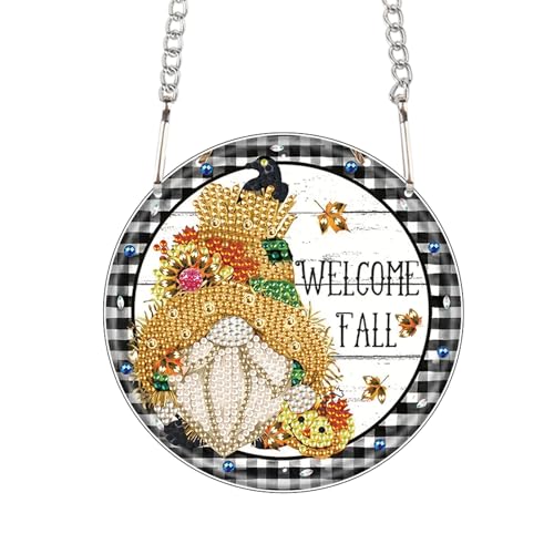 Image of AiYuanzsh Welcome Fall Diamond Painting Hanging Kit, DIY Gnome Crystal Acrylic Pendant Ornament, 5D Diamond Art Hanging for Adults, Autumn Thanksgiving Wall, Window, Door Decoration