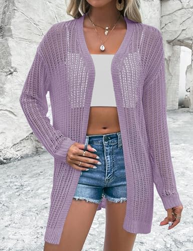 Image of Womens 2025 Summer Lightweight Cardigan Long Sleeve Open Front Loose Beach Crochet Cover Up