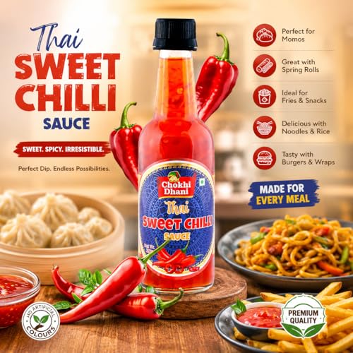Image of Chokhi Dhani Thai Sweet Chilli Sauce 250g | Sweet & Spicy Dipping Sauce | Perfect for Momos, Spring Rolls, Fries, Noodles & Burgers | Asian Sauce Dimsums, Sushi, Wraps & Rolls, Thai Rice Bowls, Bao Buns, Fried Rice | Sweet Chilli Dip