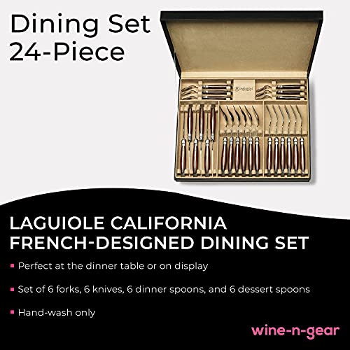 Laguiole California Flatware Silverware Cutlery Set - 24 Piece Rosewood Set - Ergonomic Handles - Elegant Black Leather Storage Case - Stainless Steel - Kitchen And Dinnerware - Spoon And Fork #TOP1