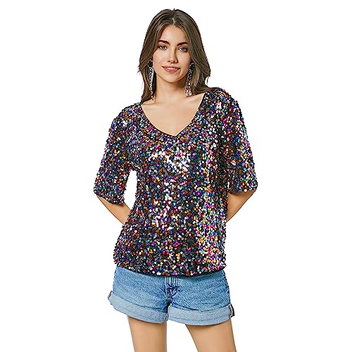 Women’s Sequin Tops Glitter V Neck Loose Summer Shirt Half Sleeve Sparkly Disco Party Plus Size Tunic Blouses3
