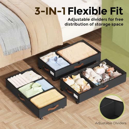 LAMU-Under-Bed-Storage-with-Wheels-2-Pack-Under-Bed-Storage-Containers-with-Clear-Lids-Label-Rolling-Under-Bed-Drawers-for-Clothes-Shoes-Blankets-Black