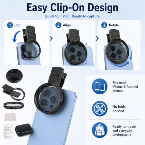 Image of 52mm CPL Polarizer Filter for Mobile Phone Camera, Clip-On Smartphone Lens Filter Kit with Adjustable Mount, Anti-Glare Circular Polarizing Lens Filter for iPhone & Android