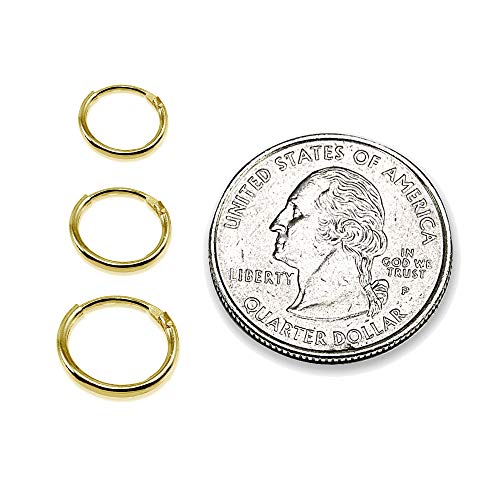 3 Pair Set Yellow Gold Flash Sterling Silver 10mm, 12mm & 14mm Tiny Small Lightweight Thin Round Continuous Endless Unisex Hoop Earrings2