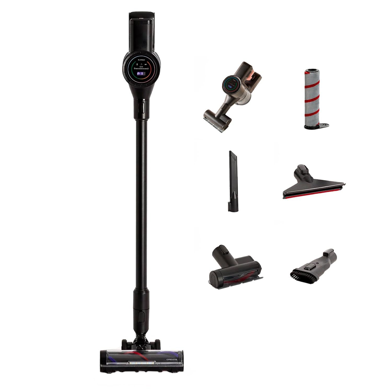CREATE / Cyclone Force Pro/​Aspirateur Balai sans Fil Noir/​Batterie Longue durée, 25,​9V, autonomie de 70 Min, écran numérique, Filtre HEPA, Accessoires, 350W