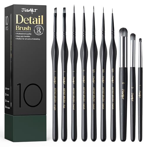 JusArt 10-Piece Detail Paint Brush Set Miniature Paint Brushes for Models Acrylic Oil Watercolor Professional Fine Detail Brushes for Adults & Miniature Painters