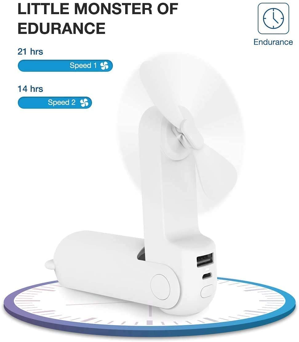 Mini Ventilatore Portatile, Ventilatore Manuale 3 in 1, Ventilatore Tascabile Piccolo Ricaricabile USB Portatile, Ventilatore a Batteria [14-21 Ore lavorative] con Power Bank, funz